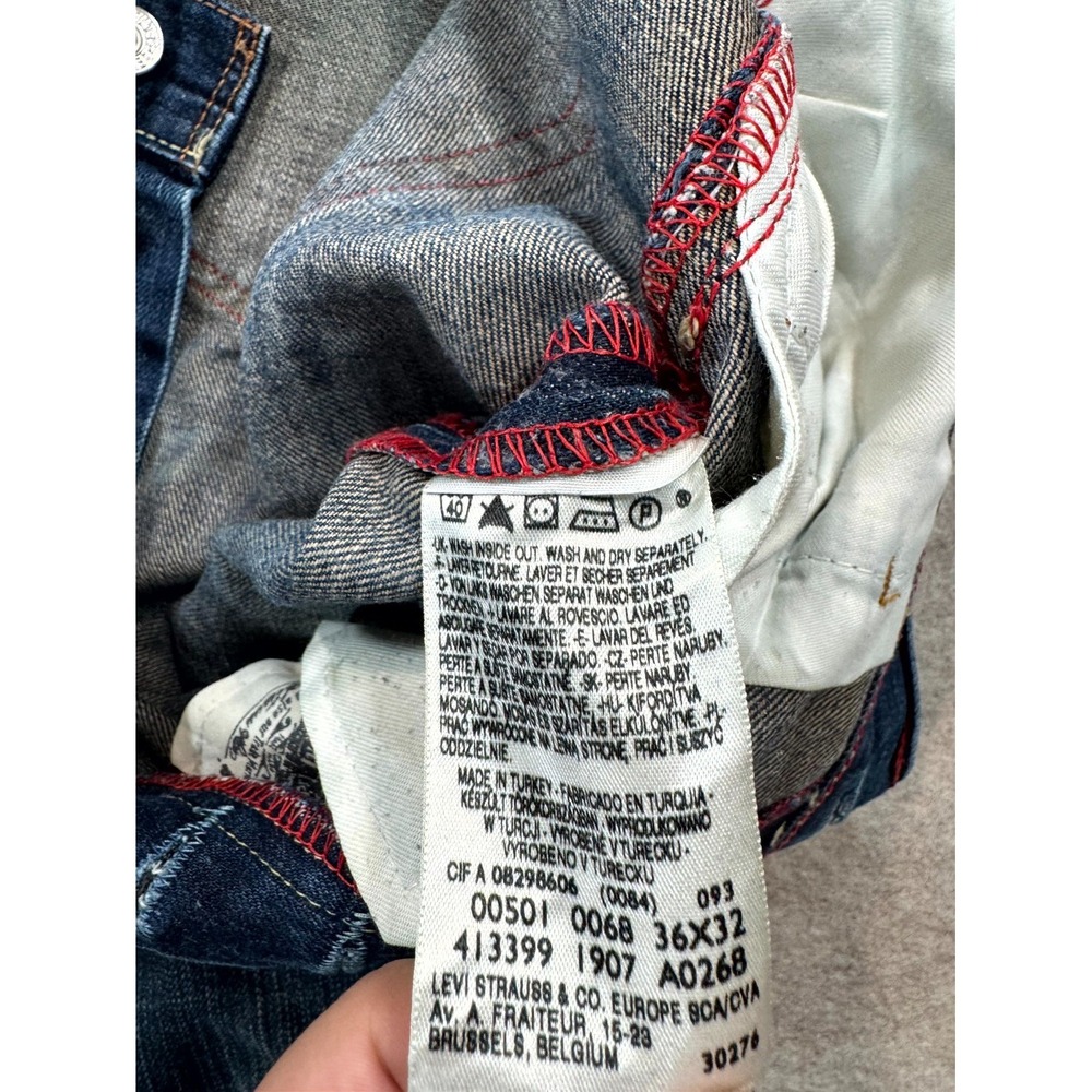 Levis 501 Jeans Mens 36x32 Blue Whiskered Denim Straight Leg Dark Wash Logo - Picture 3 of 15